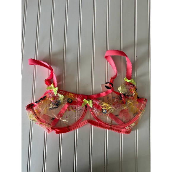 Agent Provocateur Zuri Bra Size 38F Pink Embroidered Floral Mesh Plunge Lingerie - Picture 2 of 10